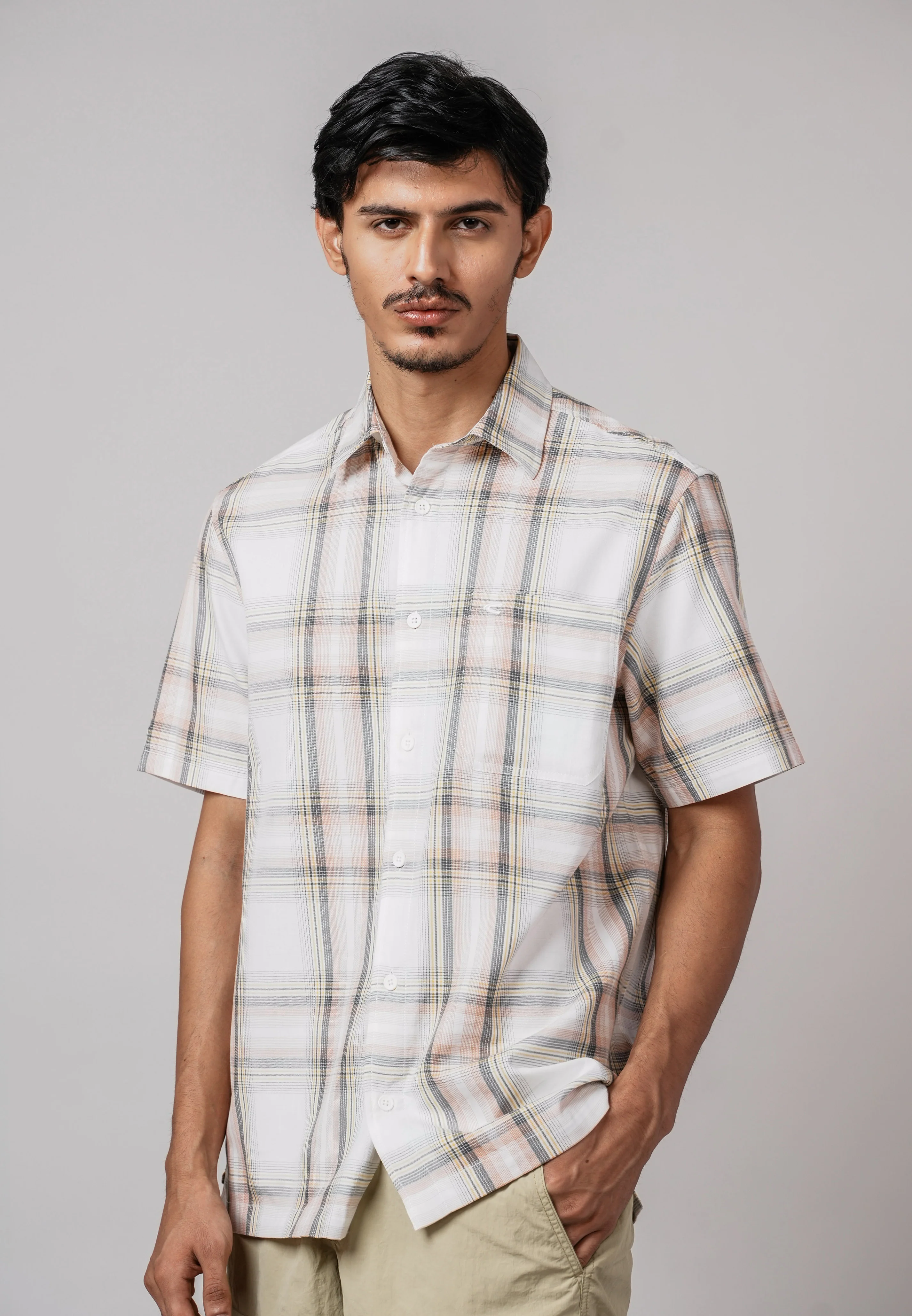 camel active Men Checkered Shirt - Regular Fit Cotton Twill Off White Shirt 102-Z25H1878 - Image 2