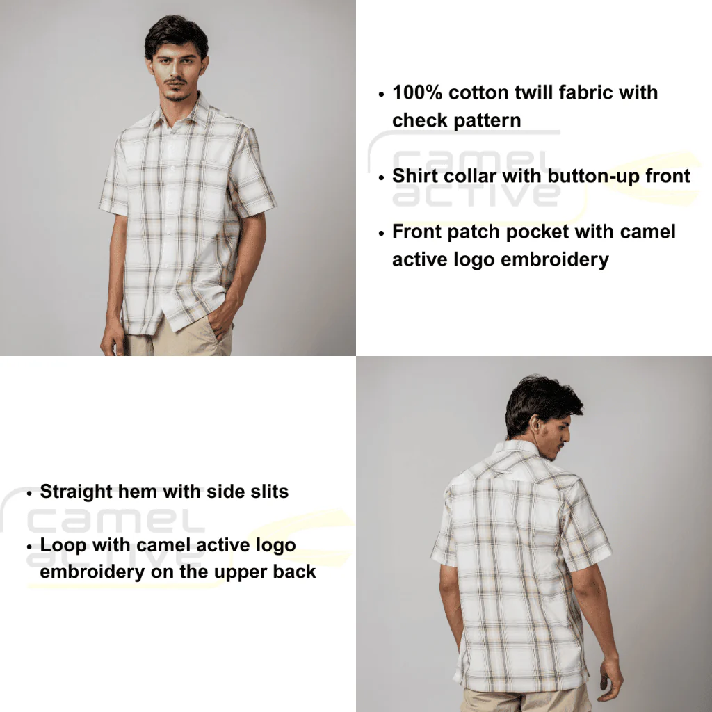 camel active Men Checkered Shirt - Regular Fit Cotton Twill Off White Shirt 102-Z25H1878 - Image 4