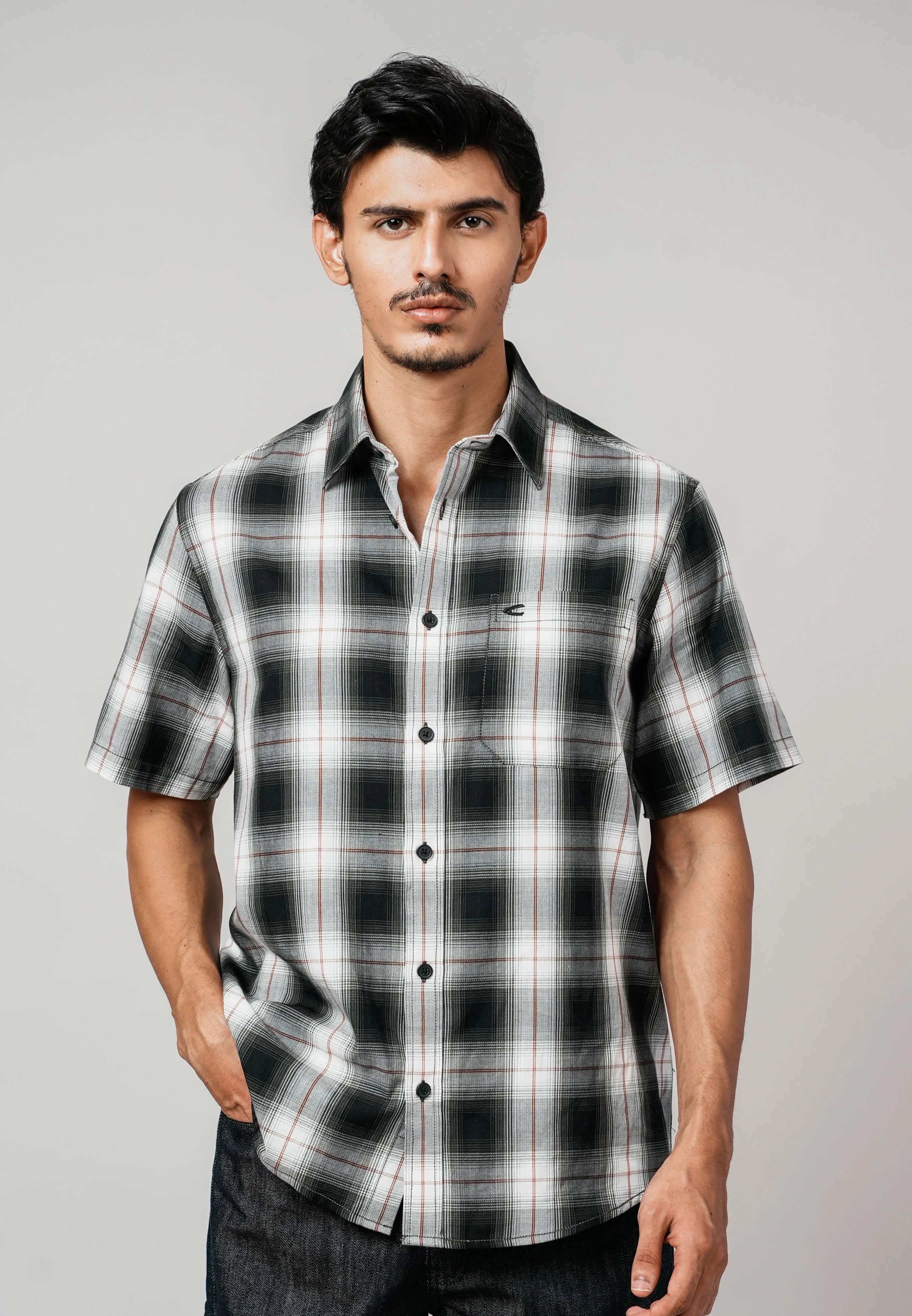 camel active Men Checkered Shirt - Regular Fit Zigzag Cotton Herringbone Dark Slate Shirt 102-Z25H1879