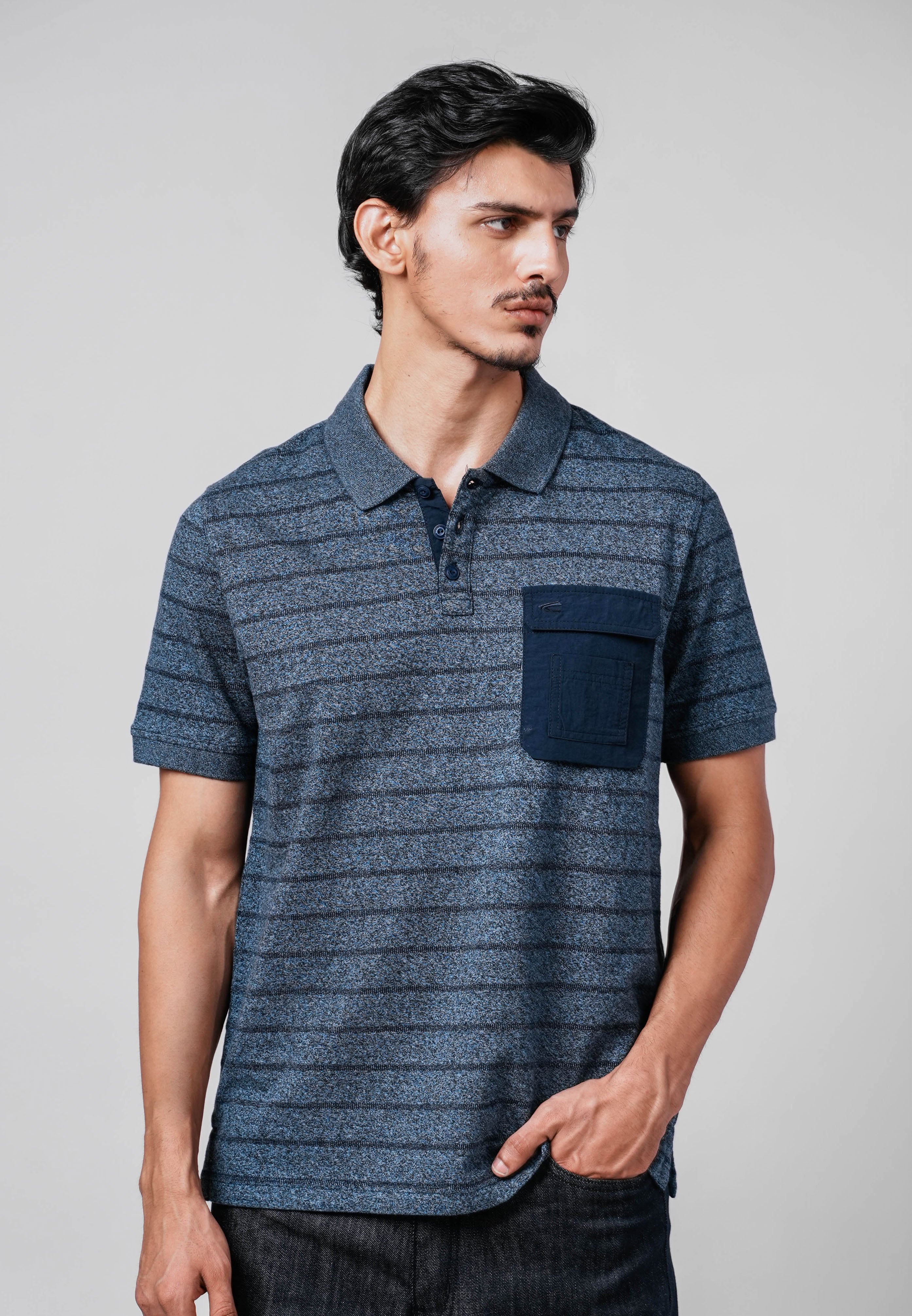 camel active Men Polo Shirt - Regular Fit 100% Cotton Navy Jacquard Stripe Polo-T 280-Z25H1179