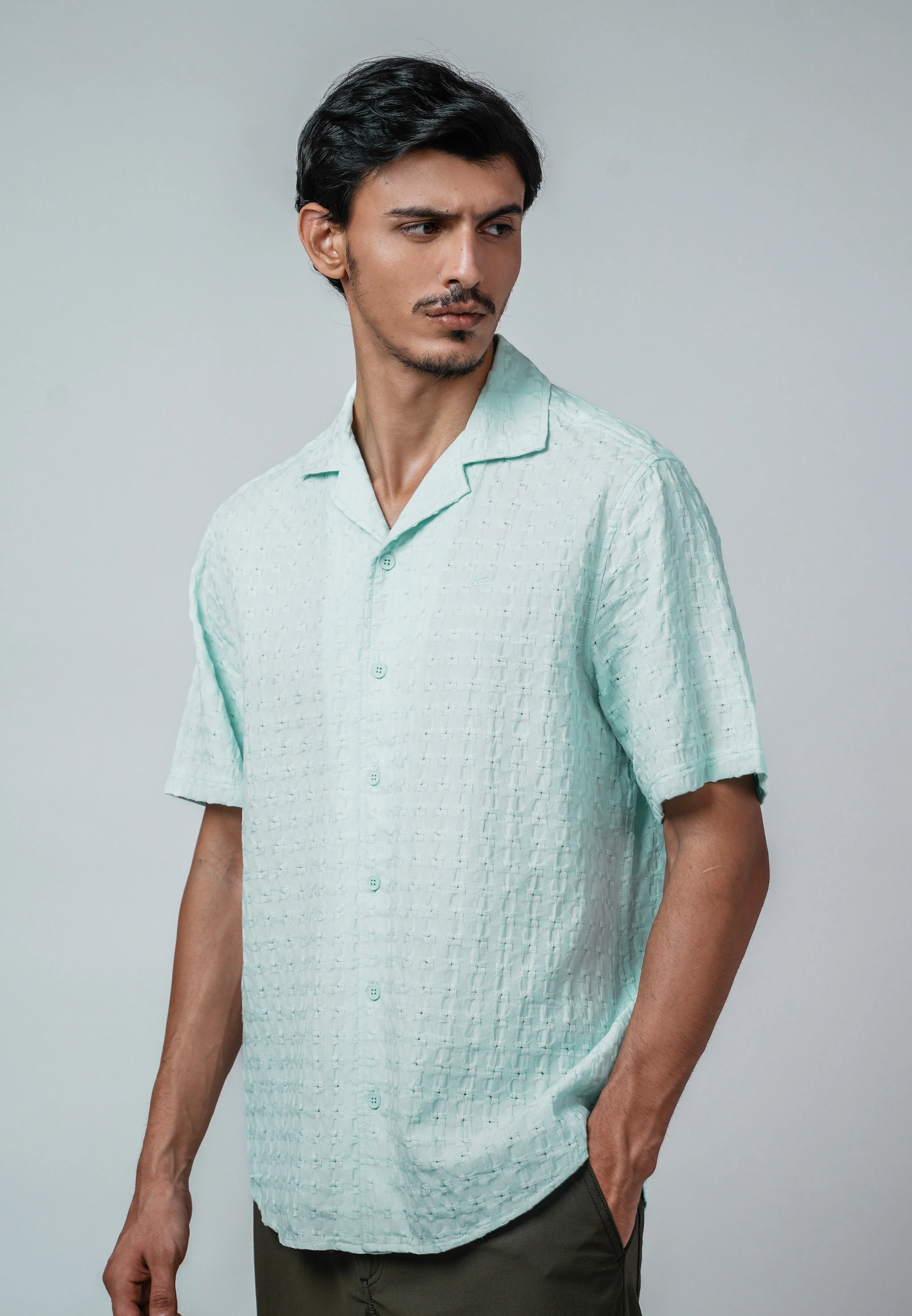 camel active Men Short Sleeve Shirt - Regular Fit 100% Cotton Jacquard Misty Jade Shirt 102-Z25H1881