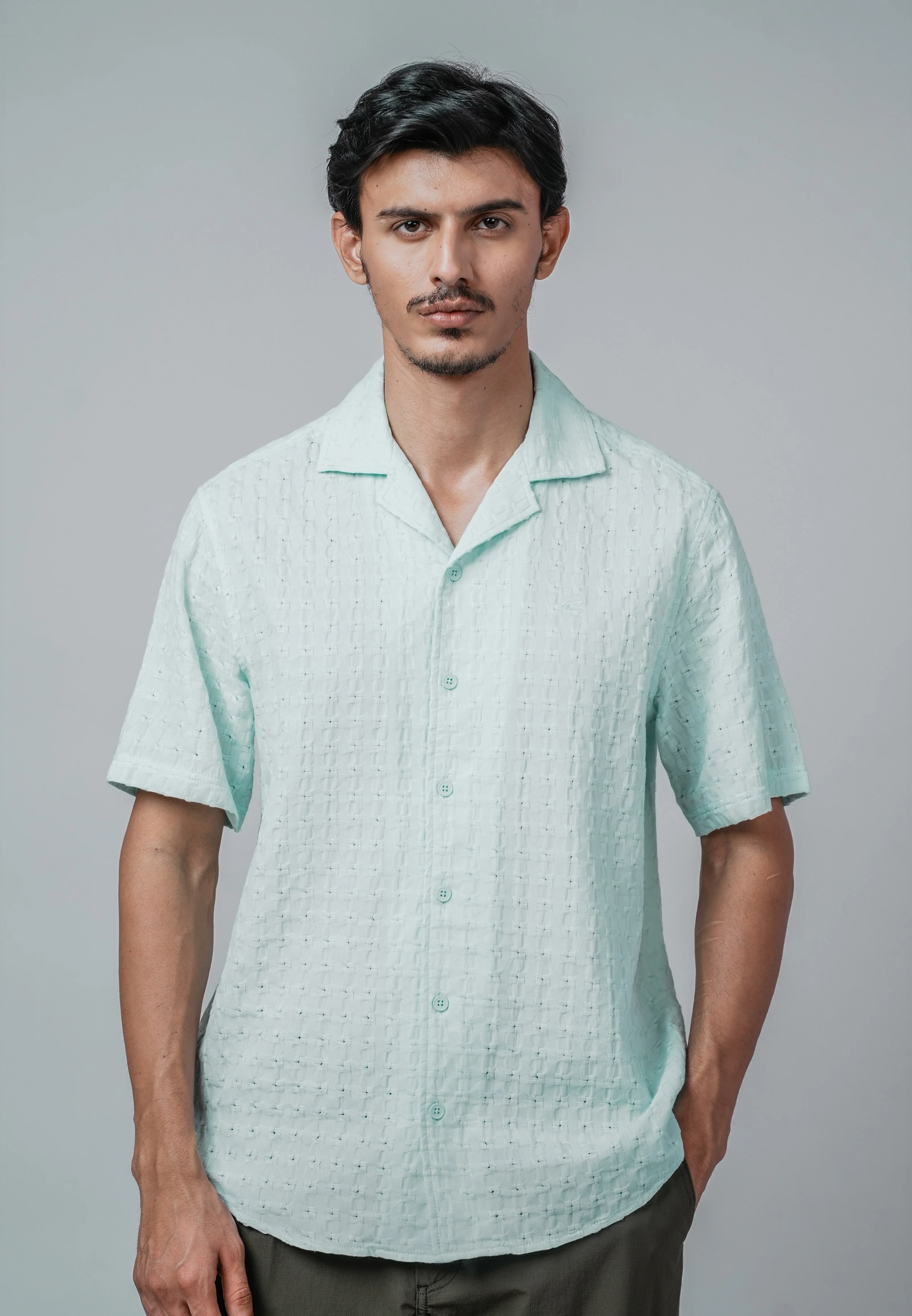 camel active Men Short Sleeve Shirt - Regular Fit 100% Cotton Jacquard Misty Jade Shirt 102-Z25H1881 - Image 2