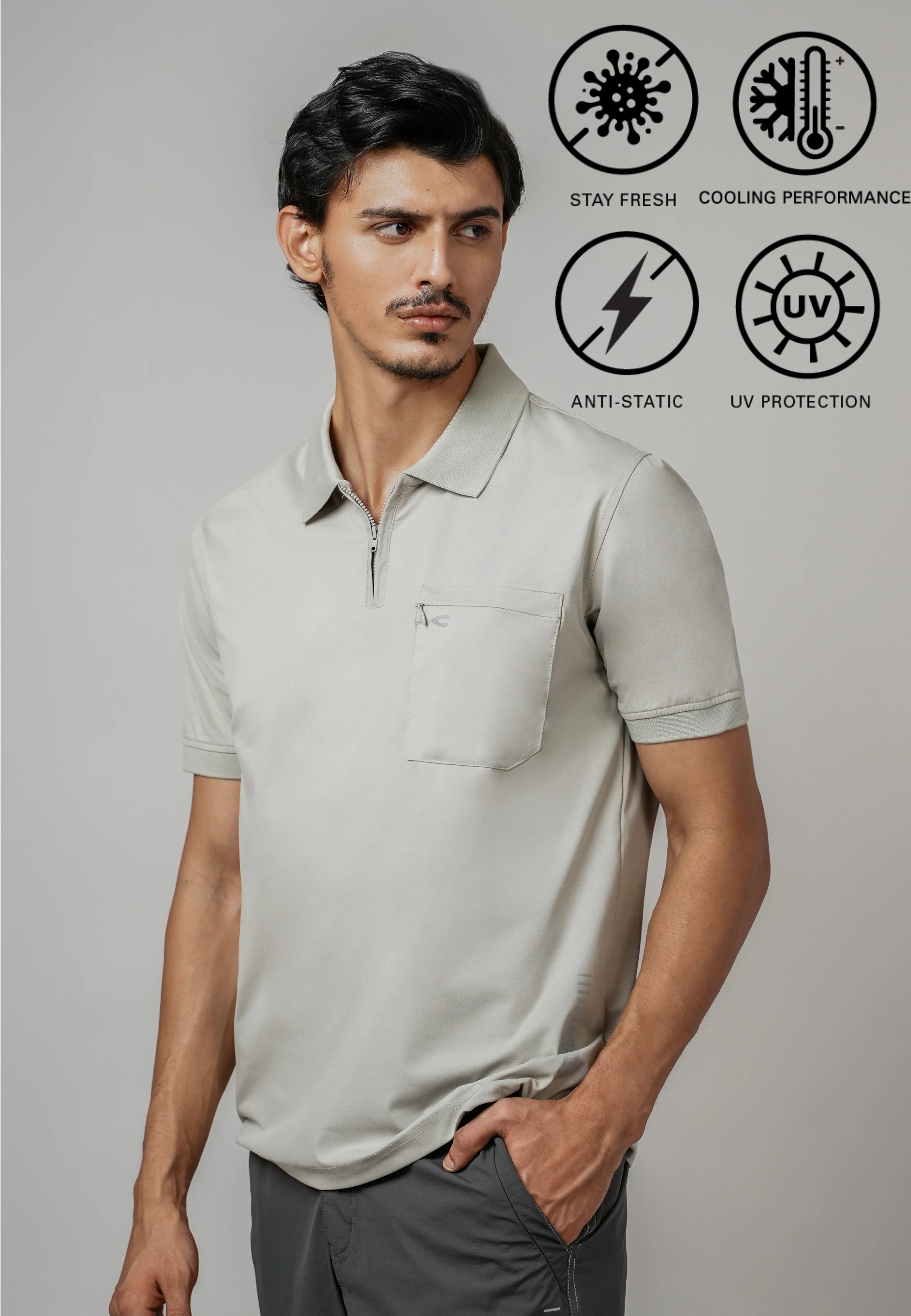 camel active Men Zip-Up Polo Shirt - Regular Fit Poly-Spandex Blend Pelican Polo-T 280-Z25H1181