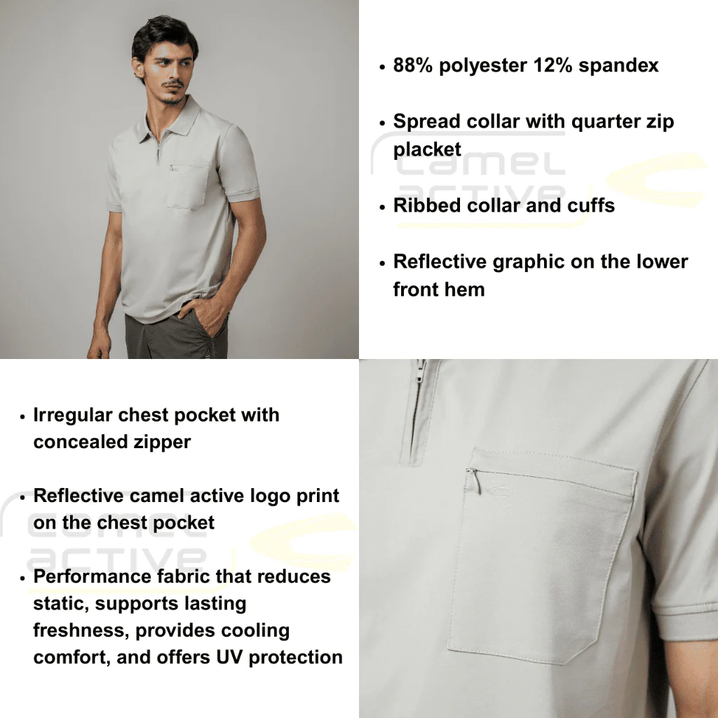 camel active Men Zip-Up Polo Shirt - Regular Fit Poly-Spandex Blend Pelican Polo-T 280-Z25H1181 - Image 6