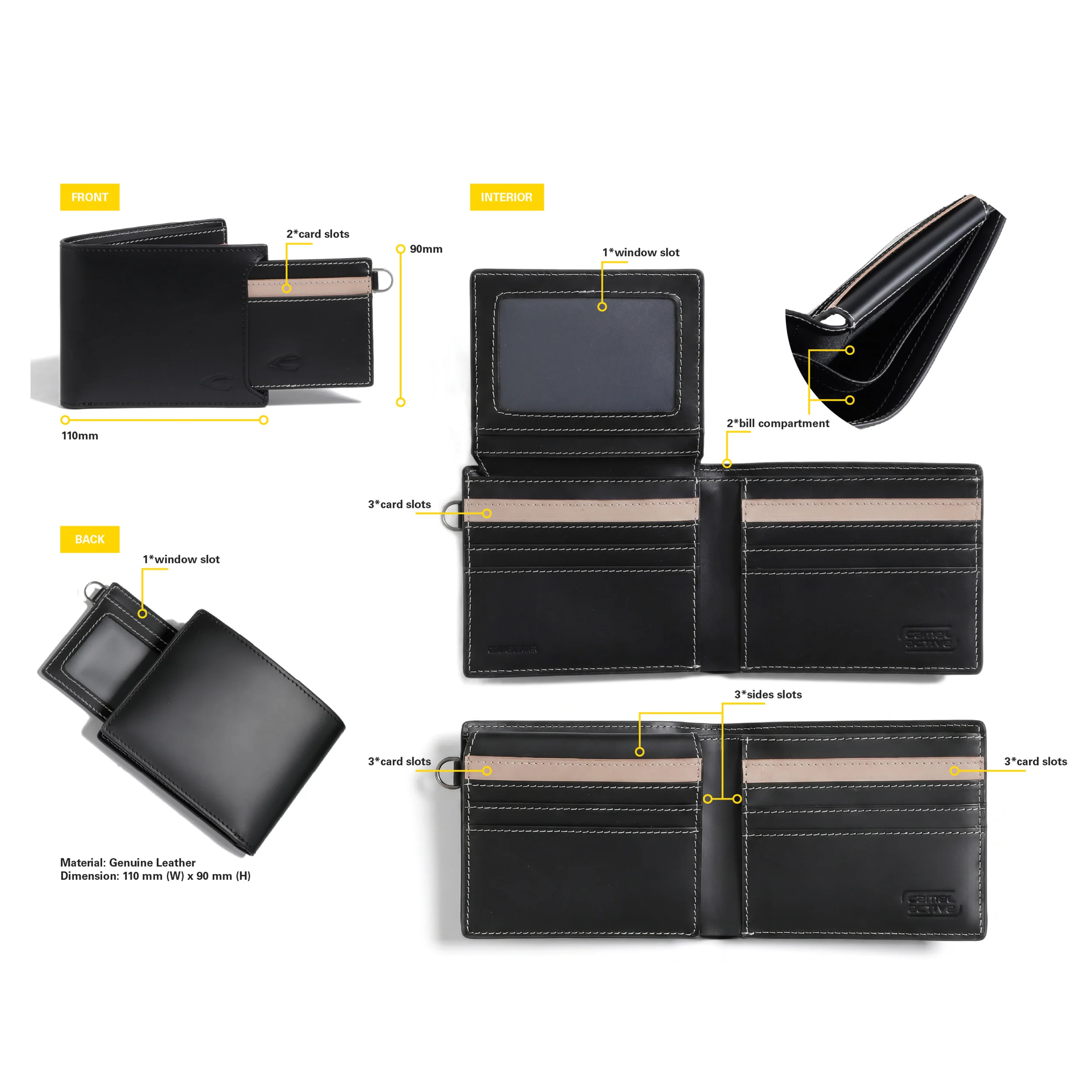 Bi Fold Wallet Leather 12 Card Compartments with 1 Detachable Card Holder Black (UBF6806CM6#BLK) - Image 11