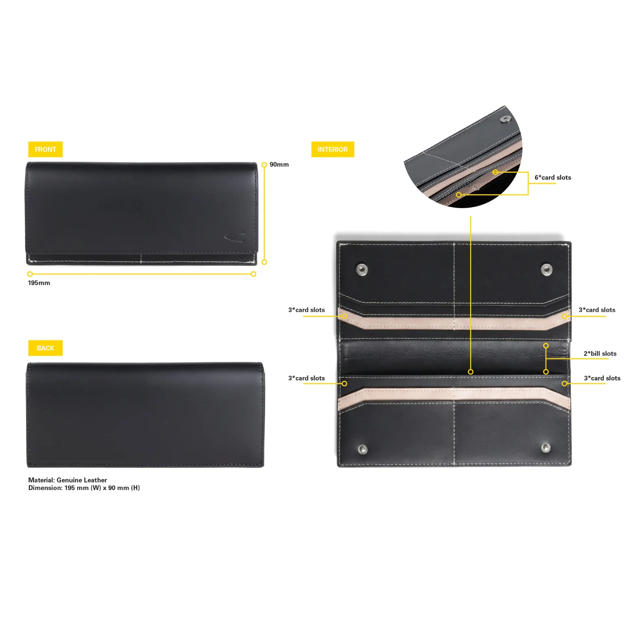 Long Wallet Leather 16 Card Compartments Black (LW6809CM6#BLK) - Image 8