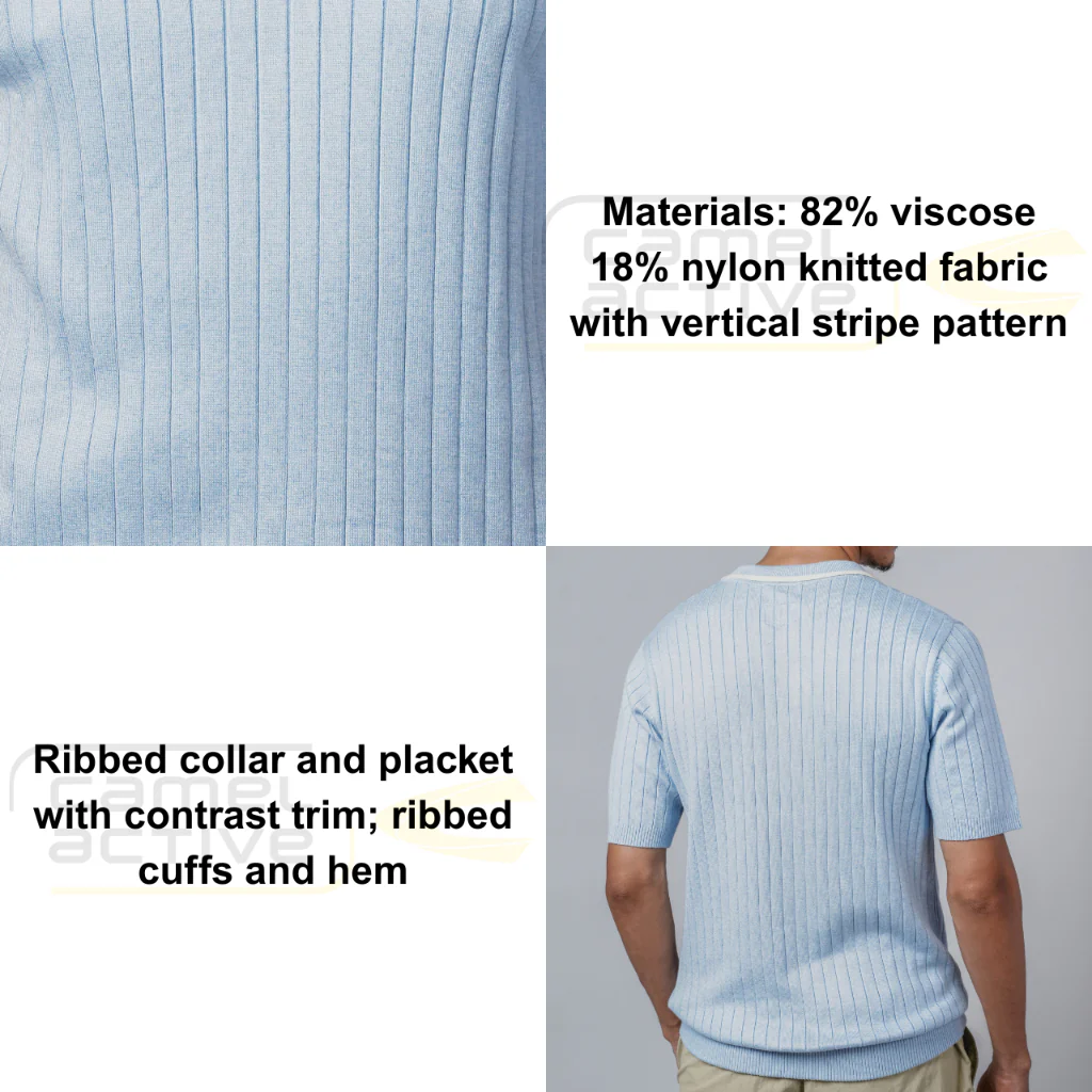 camel active Men Polo Shirt - Regular Fit Viscose‑Nylon Blend Lt Blue Polo-T 280-Z25H1182 - Image 5